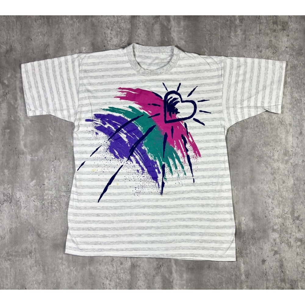 Vintage Heart Platter Paint Striped T Shirt Single Stitch 90s Mens Large White